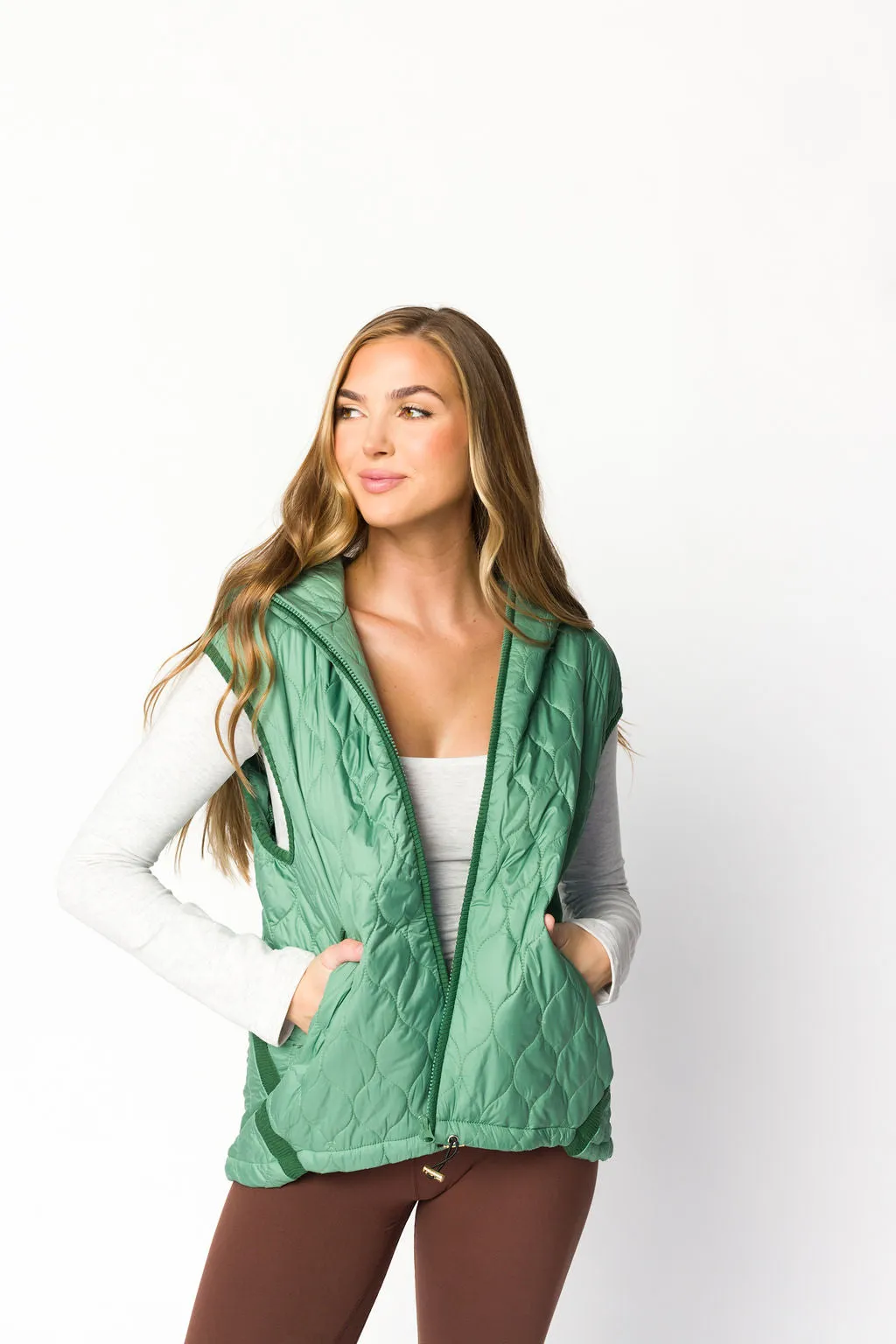 Selma Hooded Quilted Zipper Puffer Vest in Olive sold by Worth Collective product image thumbnail 2