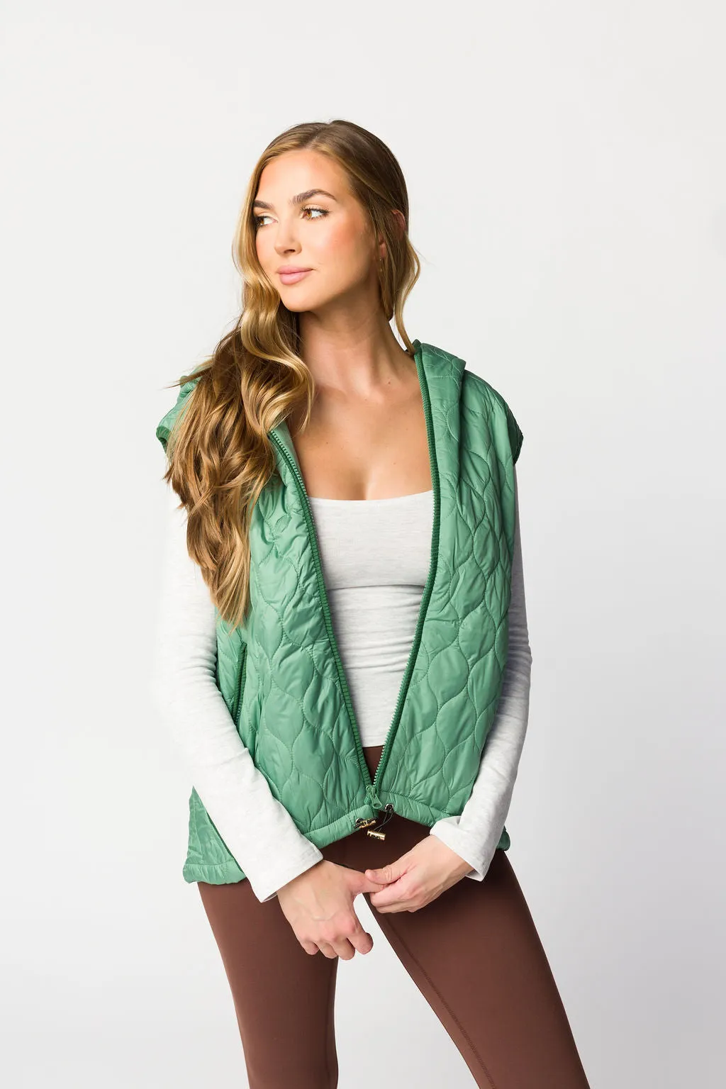 Selma Hooded Quilted Zipper Puffer Vest in Olive sold by Worth Collective product image thumbnail 4