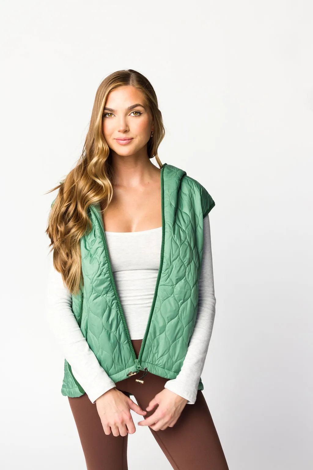 Selma Hooded Quilted Zipper Puffer Vest in Olive sold by Worth Collective product image thumbnail 3