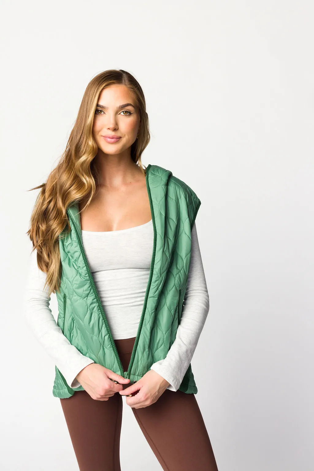 Selma Hooded Quilted Zipper Puffer Vest in Olive sold by Worth Collective product image thumbnail 5