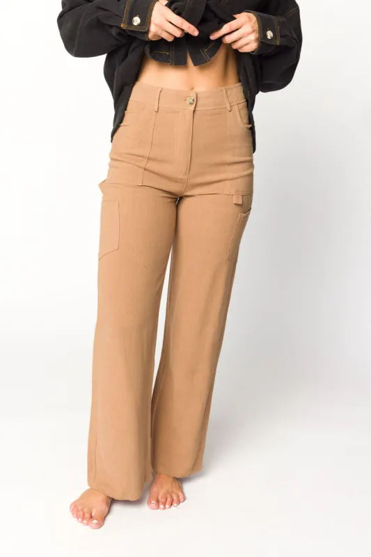 Sadie Linen Cargo Pants With Pockets in Taupe sold by Worth Collective