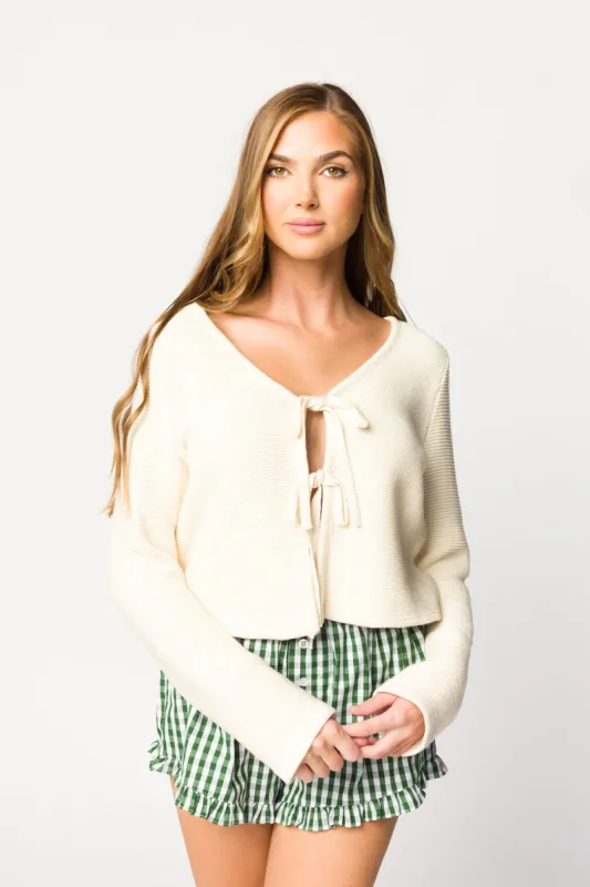 Hillary Long Sleeve Knit Tied Front Cardigan in Beige sold by Worth Collective