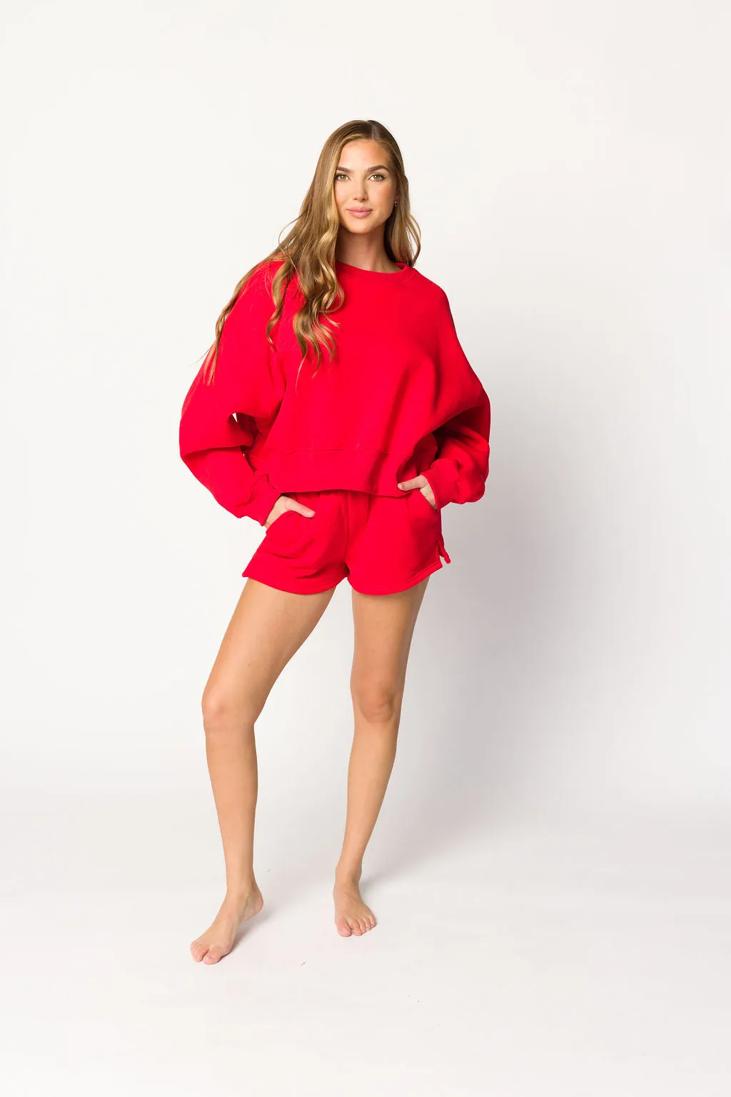 Comfy Cozy High Waisted Sweat Shorts in Red sold by Worth Collective product image thumbnail 3