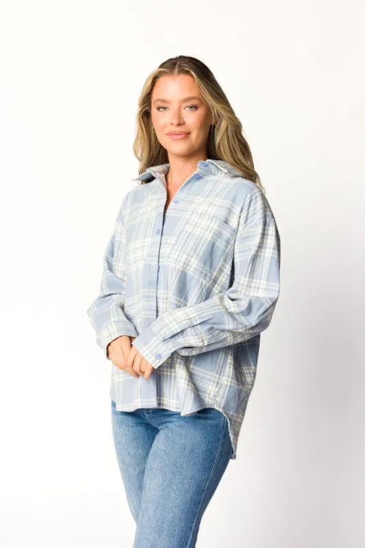 Gia Button-Down Shirt in Light Blue Plaid - Nursing Friendly sold by Worth Collective