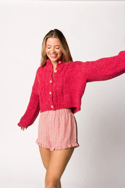 Dawn Cable Knit Cardigan in Red - Nursing Friendly sold by Worth Collective