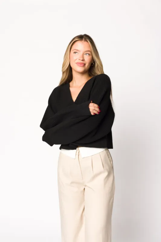 Mira V-Neck Ribbed Knit Cardigan in Black sold by Worth Collective
