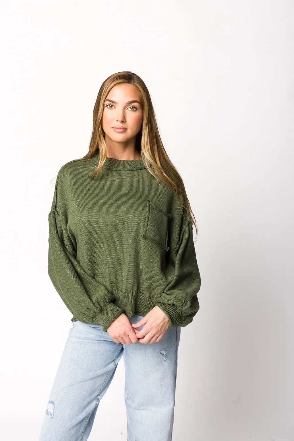 Kaylee Balloon Sleeve Sweater in Parsley Herb sold by Worth Collective