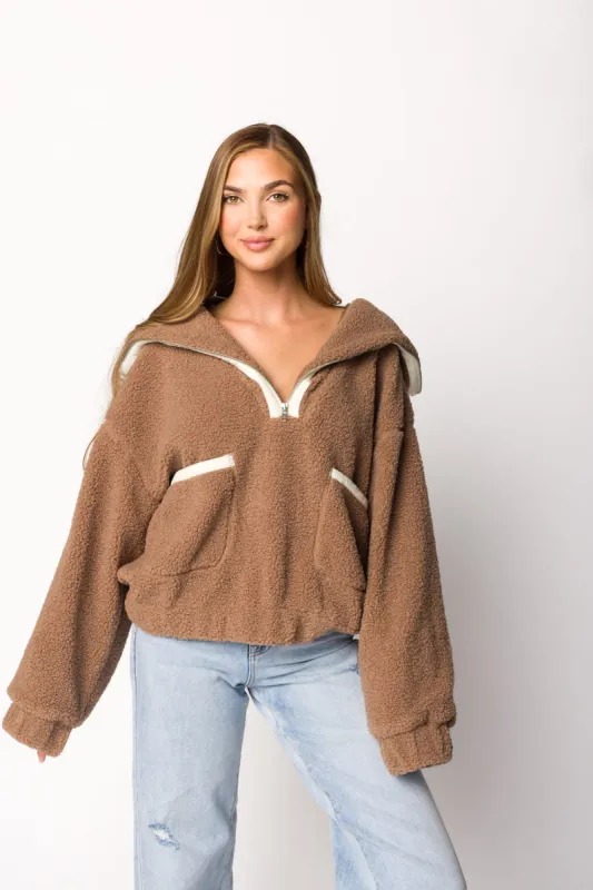 Magnolia Sherpa Fleece Half-Zip Pullover Jacket in Espresso sold by Worth Collective