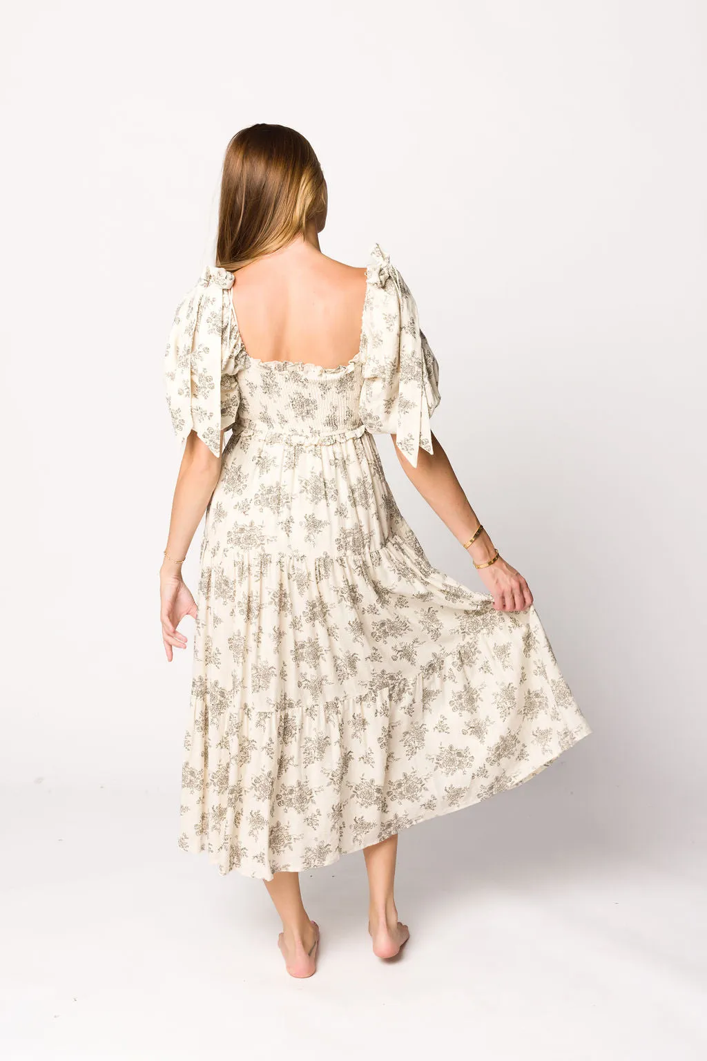 Elena Toile Print Smocked Midi Dress in Ivory - Bump Friendly sold by Worth Collective product image thumbnail 4