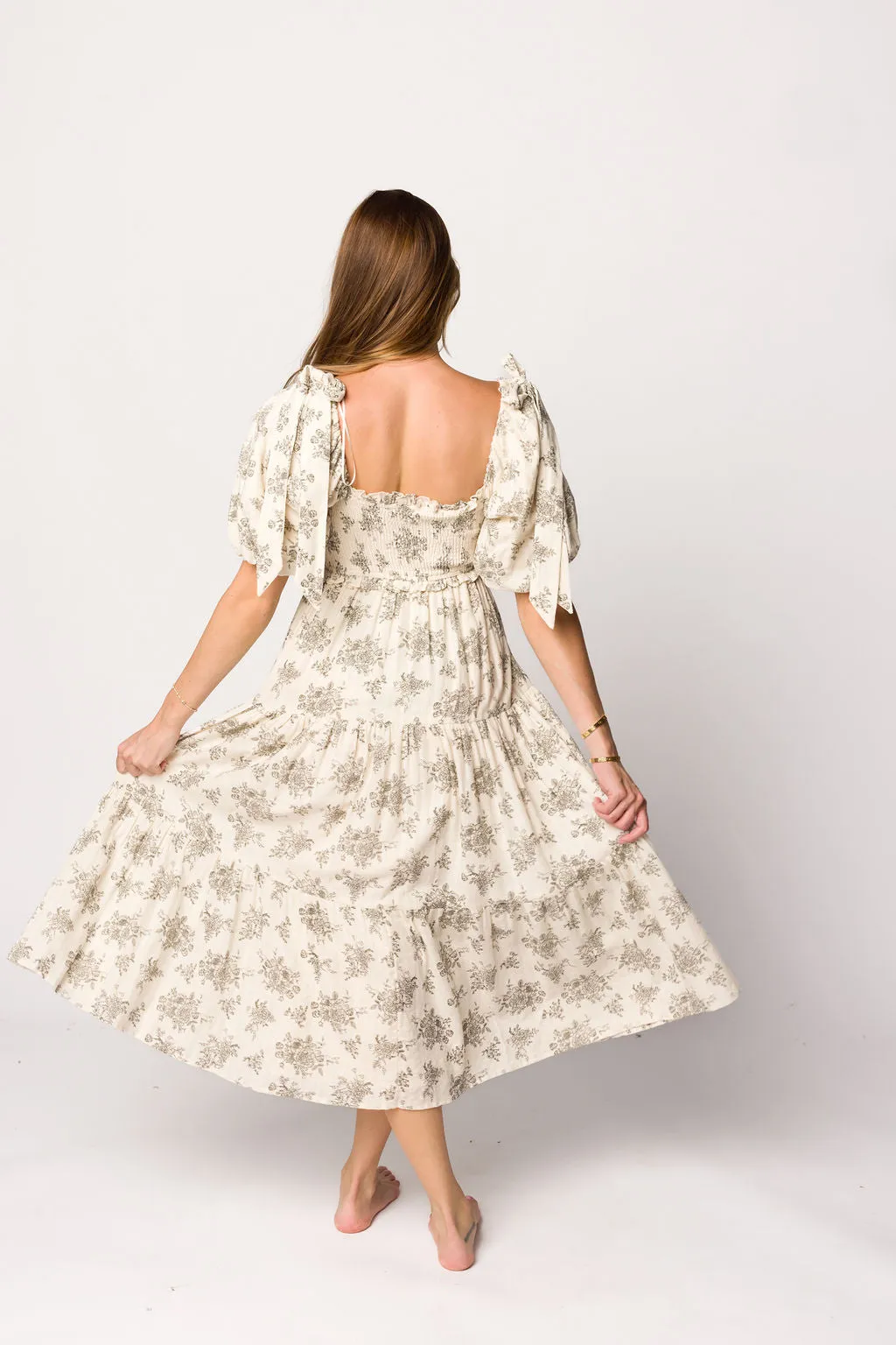 Elena Toile Print Smocked Midi Dress in Ivory - Bump Friendly sold by Worth Collective product image thumbnail 5