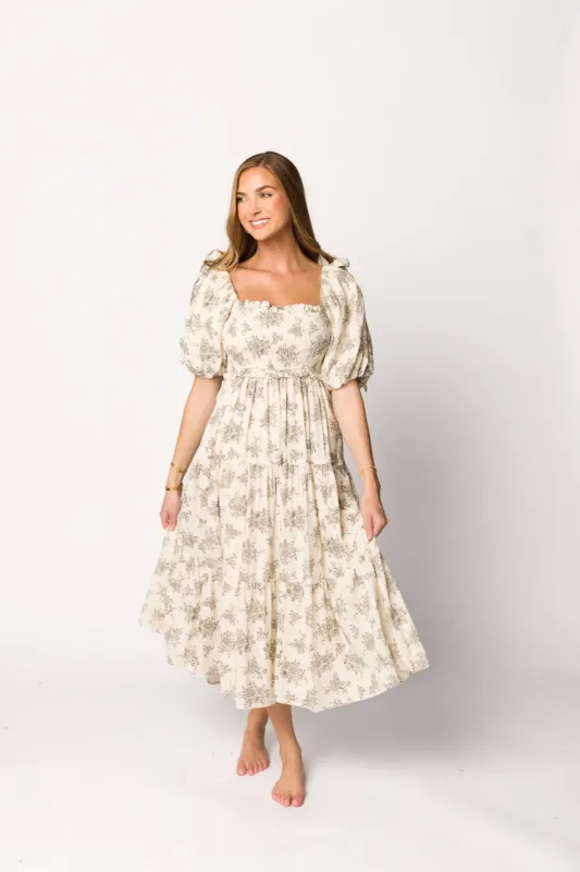 Elena Toile Print Smocked Midi Dress in Ivory - Bump Friendly sold by Worth Collective