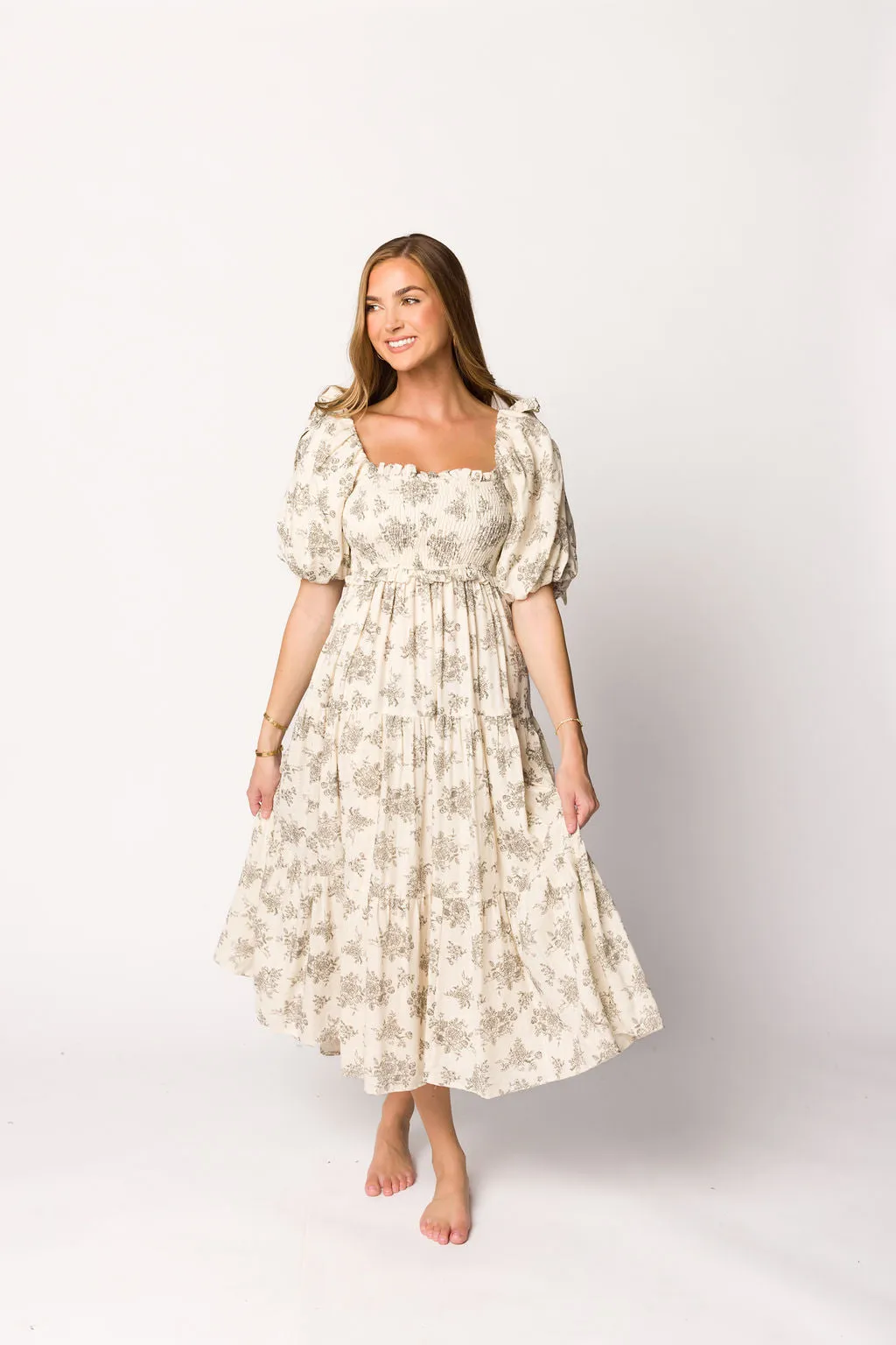 Elena Toile Print Smocked Midi Dress in Ivory - Bump Friendly sold by Worth Collective