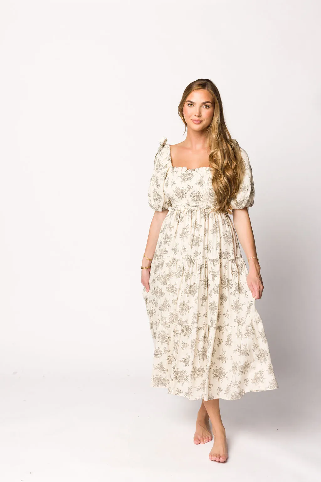 Elena Toile Print Smocked Midi Dress in Ivory - Bump Friendly sold by Worth Collective product image thumbnail 3