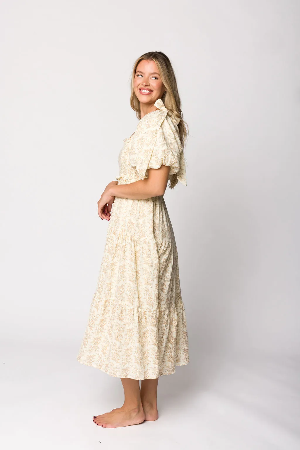 Elena 100% Cotton Toile Print Smocked Midi Dress in Light Brown- Bump Friendly sold by Worth Collective product image thumbnail 5