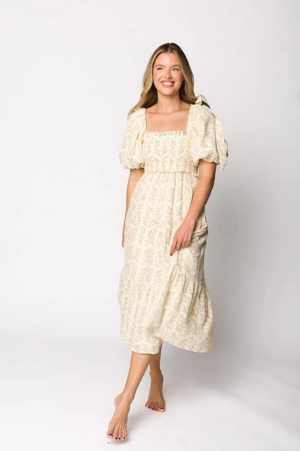 Elena 100% Cotton Toile Print Smocked Midi Dress in Light Brown- Bump Friendly sold by Worth Collective
