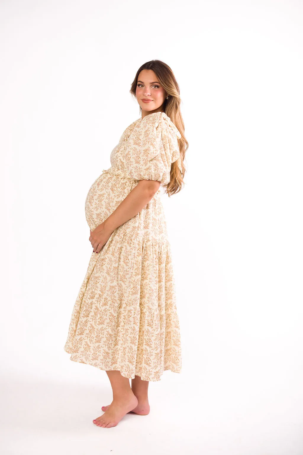 Elena 100% Cotton Toile Print Smocked Midi Dress in Light Brown- Bump Friendly sold by Worth Collective product image thumbnail 2