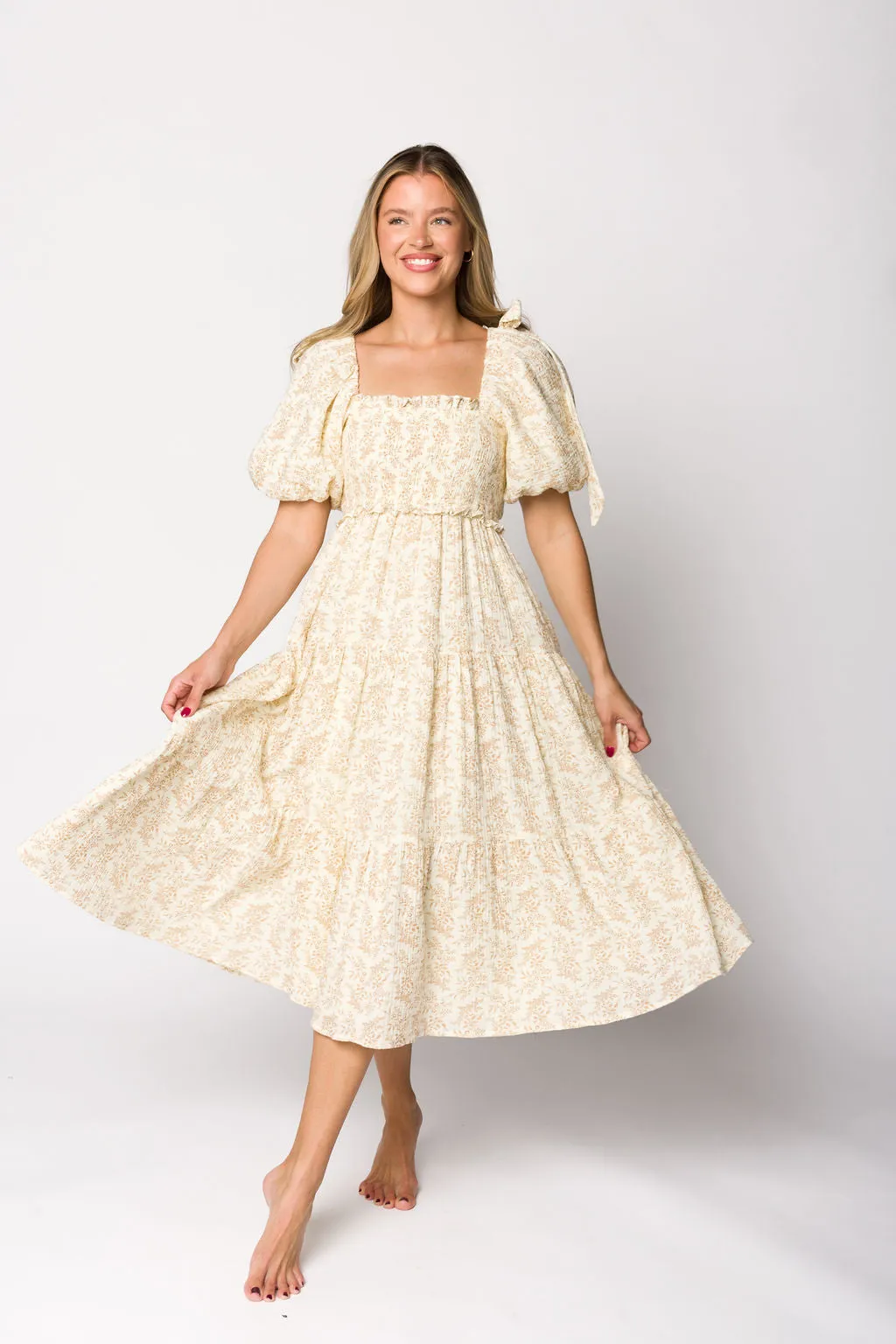 Elena 100% Cotton Toile Print Smocked Midi Dress in Light Brown- Bump Friendly sold by Worth Collective product image thumbnail 3