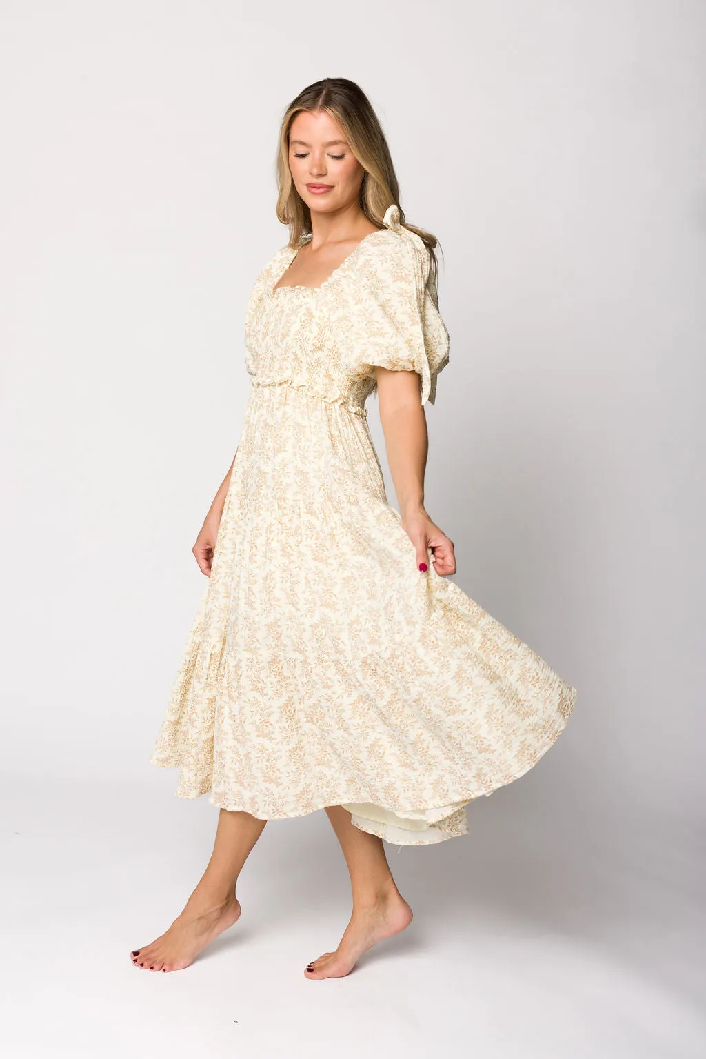 Elena 100% Cotton Toile Print Smocked Midi Dress in Light Brown- Bump Friendly sold by Worth Collective product image thumbnail 4