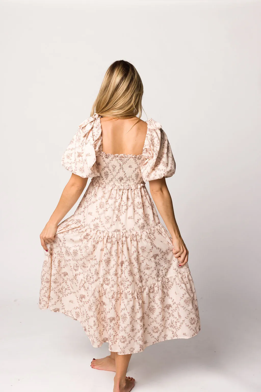 Elena Toile Print Smocked Midi Dress in Mocha sold by Worth Collective product image thumbnail 4