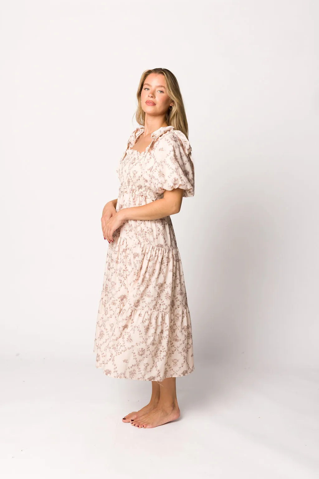 Elena Toile Print Smocked Midi Dress in Mocha sold by Worth Collective product image thumbnail 2