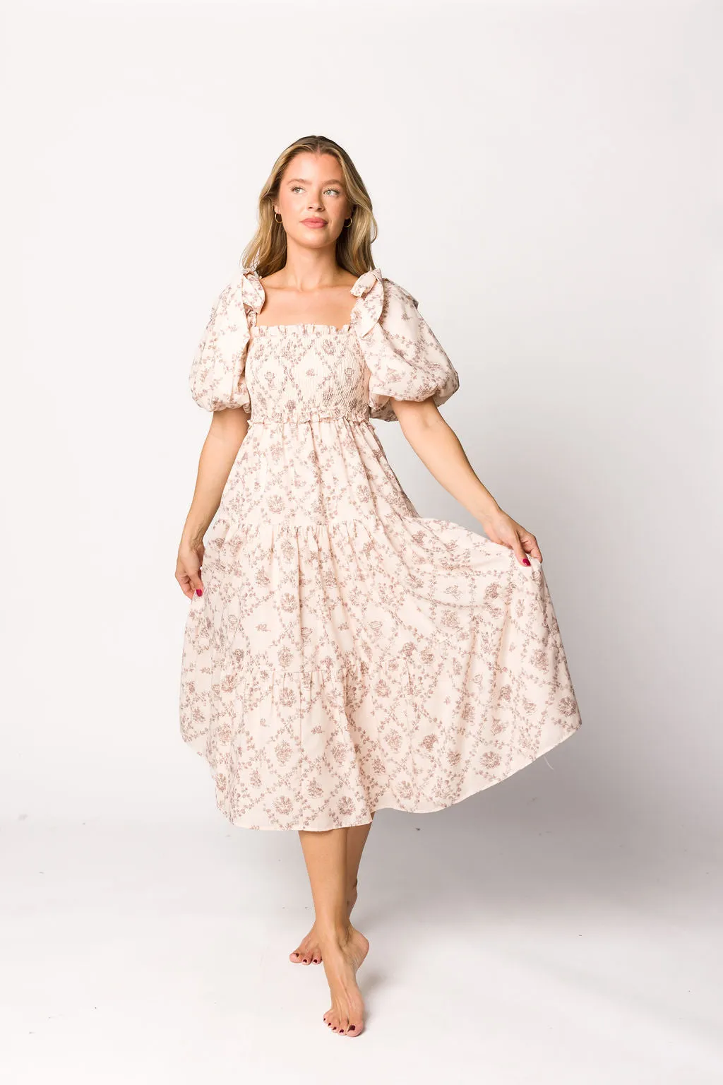 Elena Toile Print Smocked Midi Dress in Mocha sold by Worth Collective