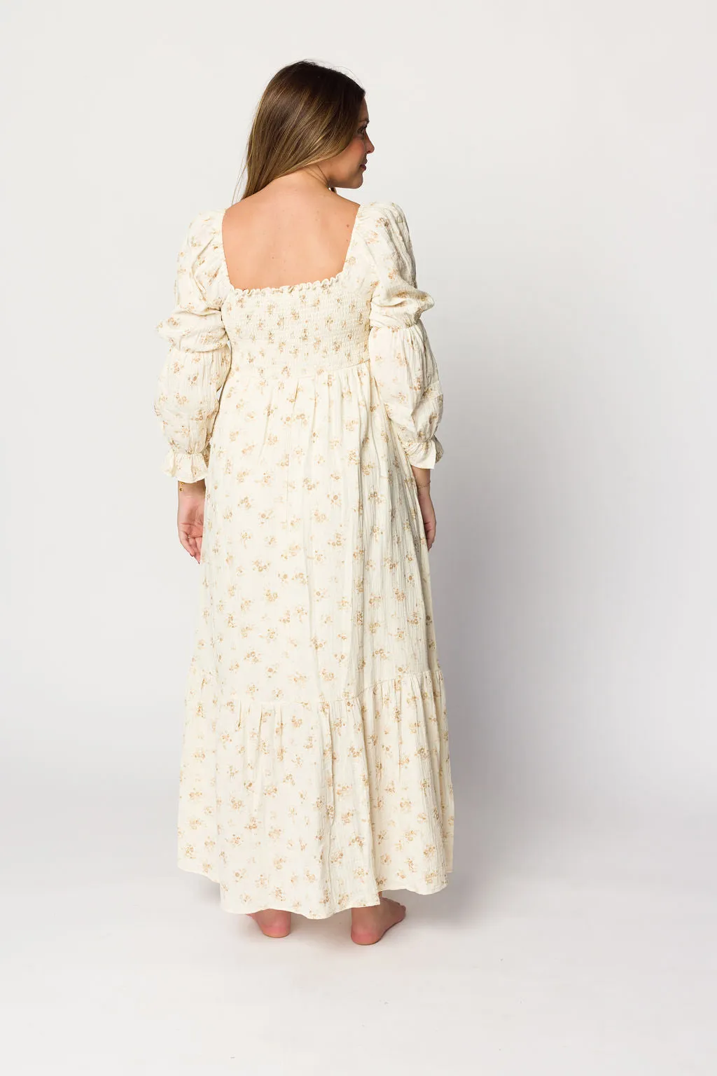 Emerson Smocked Gauze Maxi Dress with Long Sleeves in Natural - Bump Friendly sold by Worth Collective product image thumbnail 5