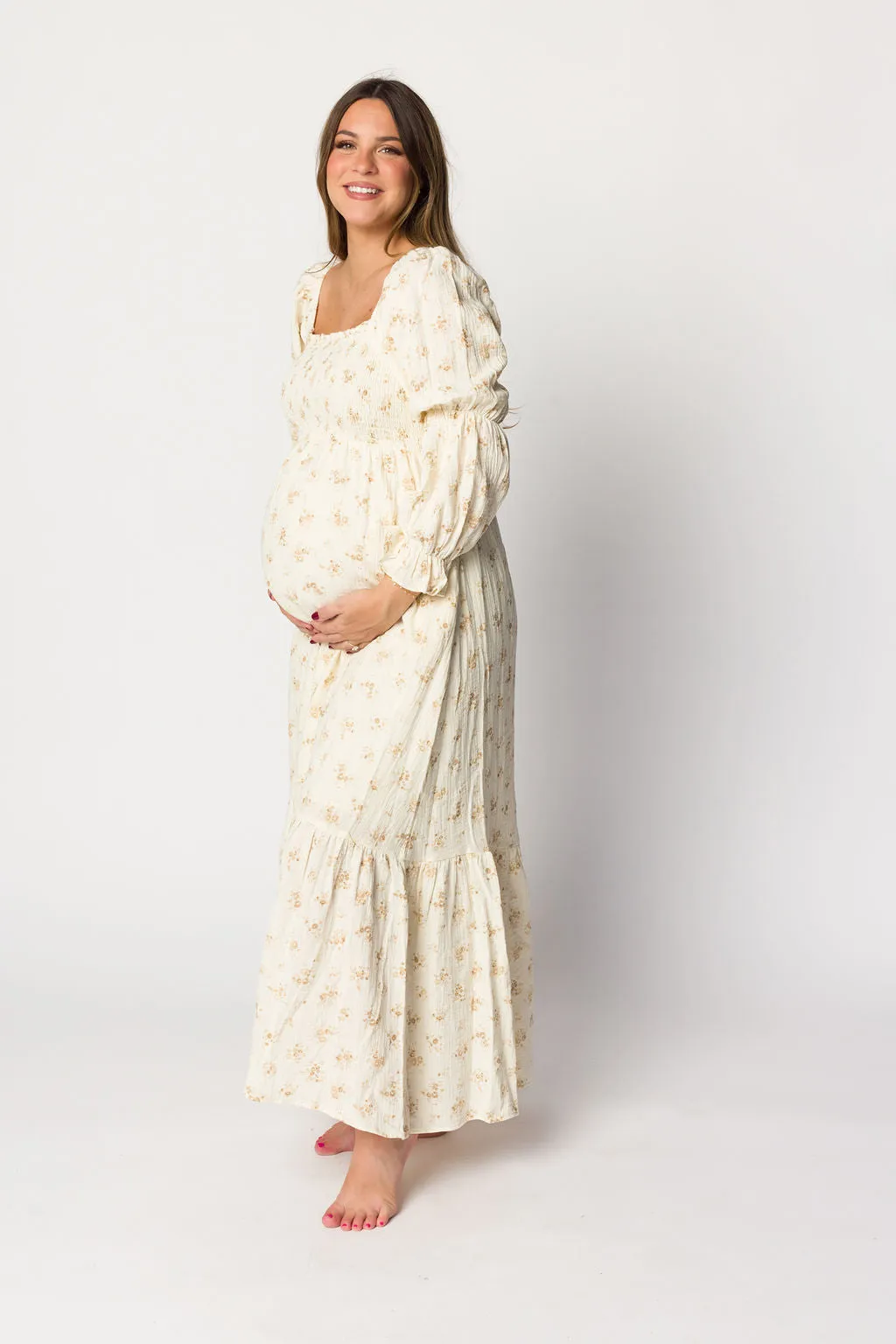 Emerson Smocked Gauze Maxi Dress with Long Sleeves in Natural - Bump Friendly sold by Worth Collective product image thumbnail 2