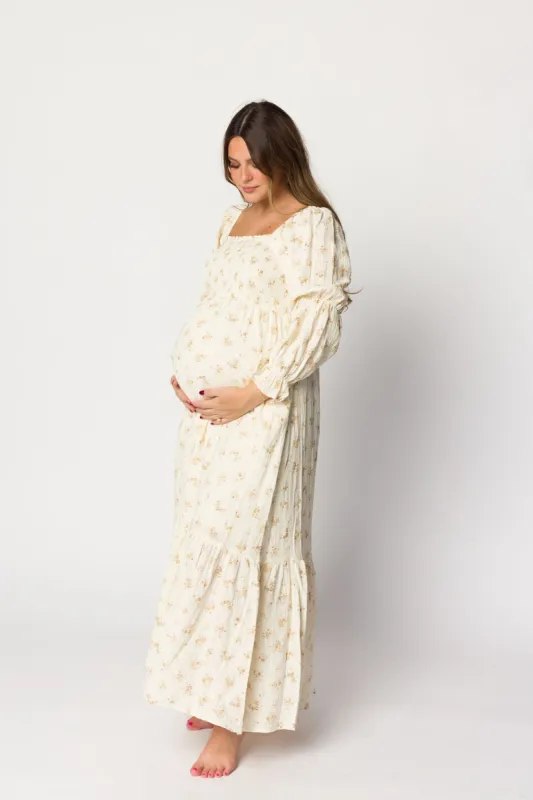 Emerson Smocked Gauze Maxi Dress with Long Sleeves in Natural - Bump Friendly sold by Worth Collective
