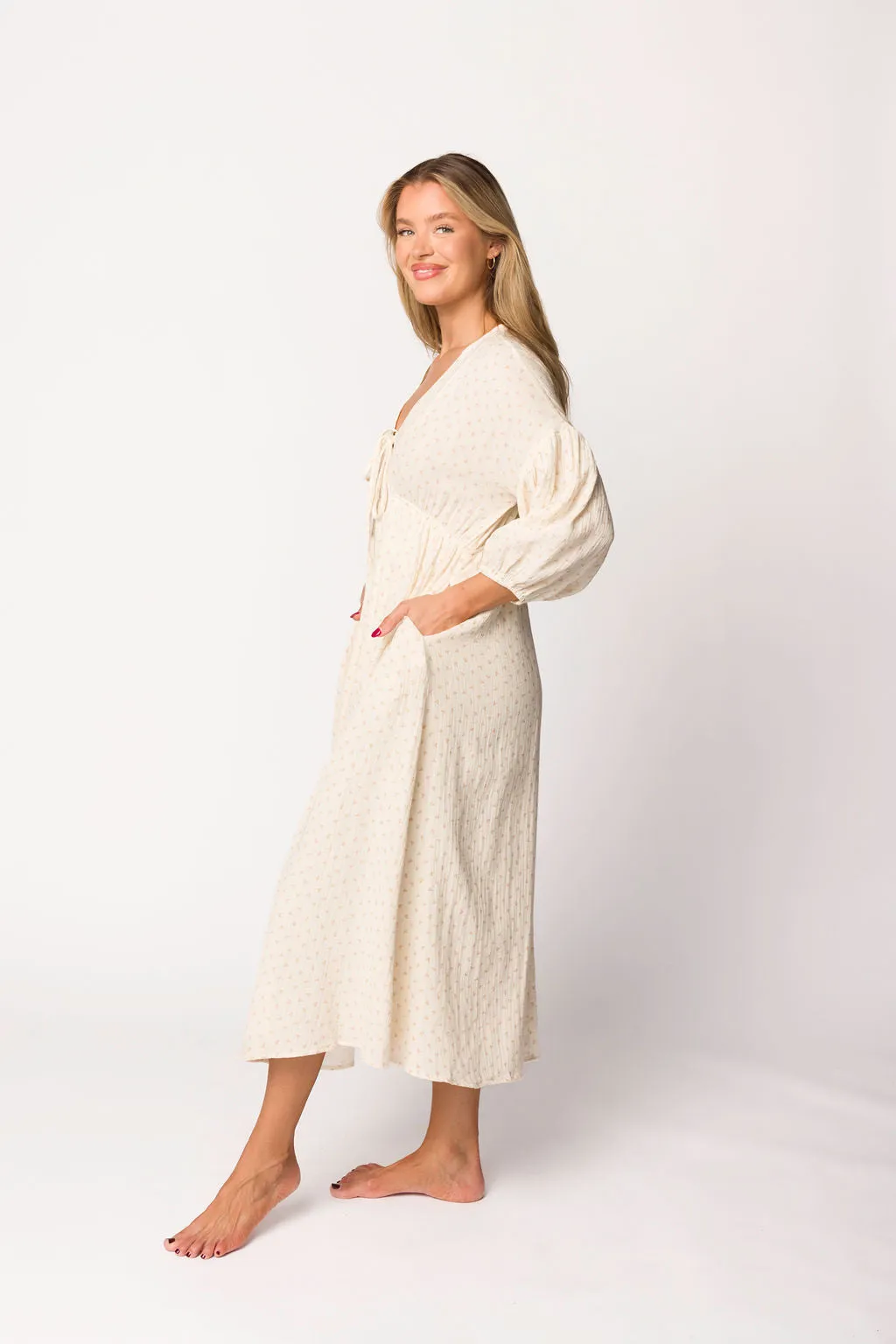 Hunter 100% Cotton Gauze Midi Dress in Natural/Brown Floral Bump Friendly (Fully Lined) sold by Worth Collective product image thumbnail 4