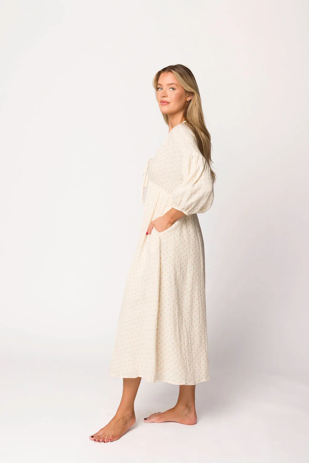 Hunter 100% Cotton Gauze Midi Dress in Natural/Brown Floral Bump Friendly (Fully Lined) sold by Worth Collective product image thumbnail 5