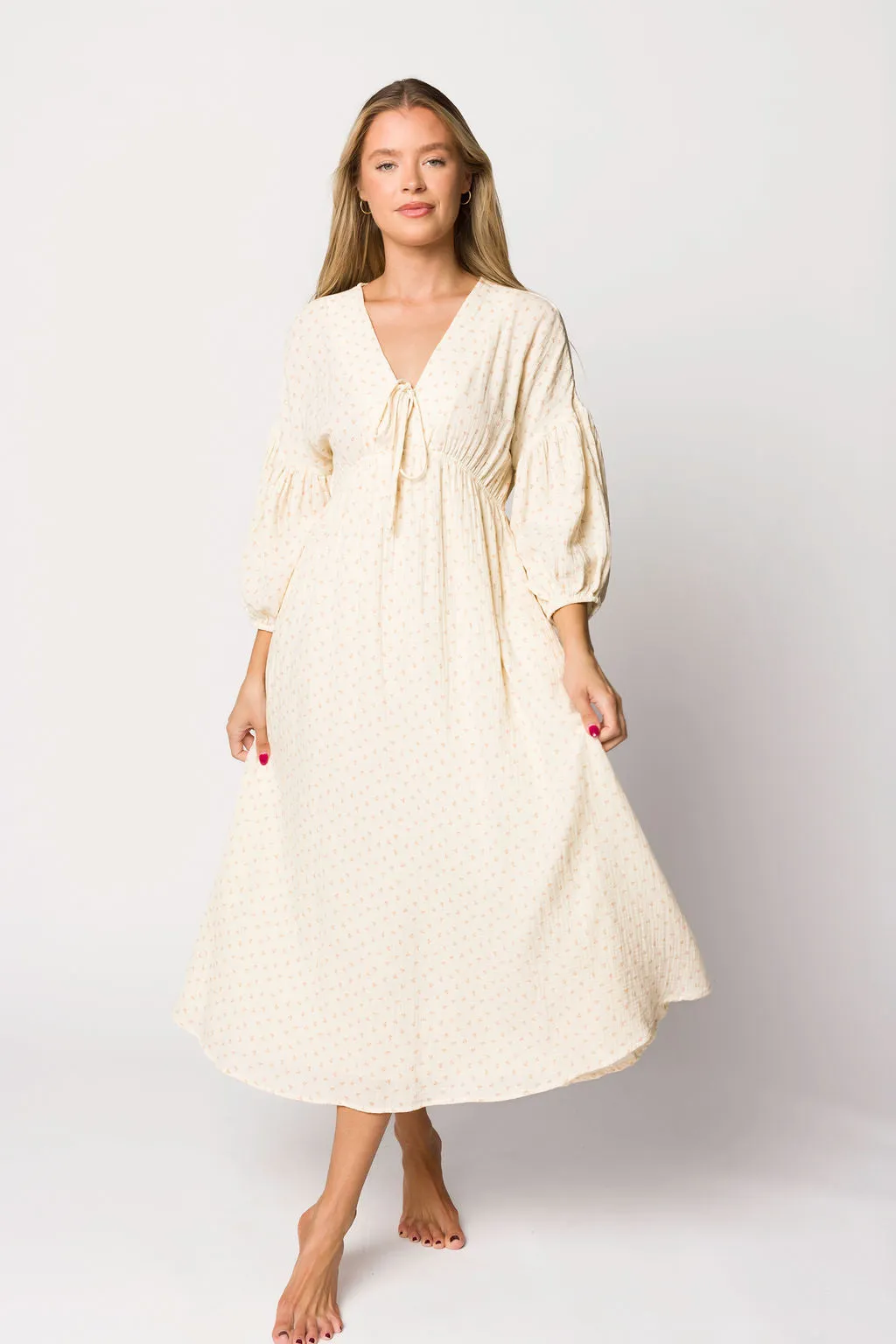 Hunter 100% Cotton Gauze Midi Dress in Natural/Brown Floral Bump Friendly (Fully Lined) sold by Worth Collective