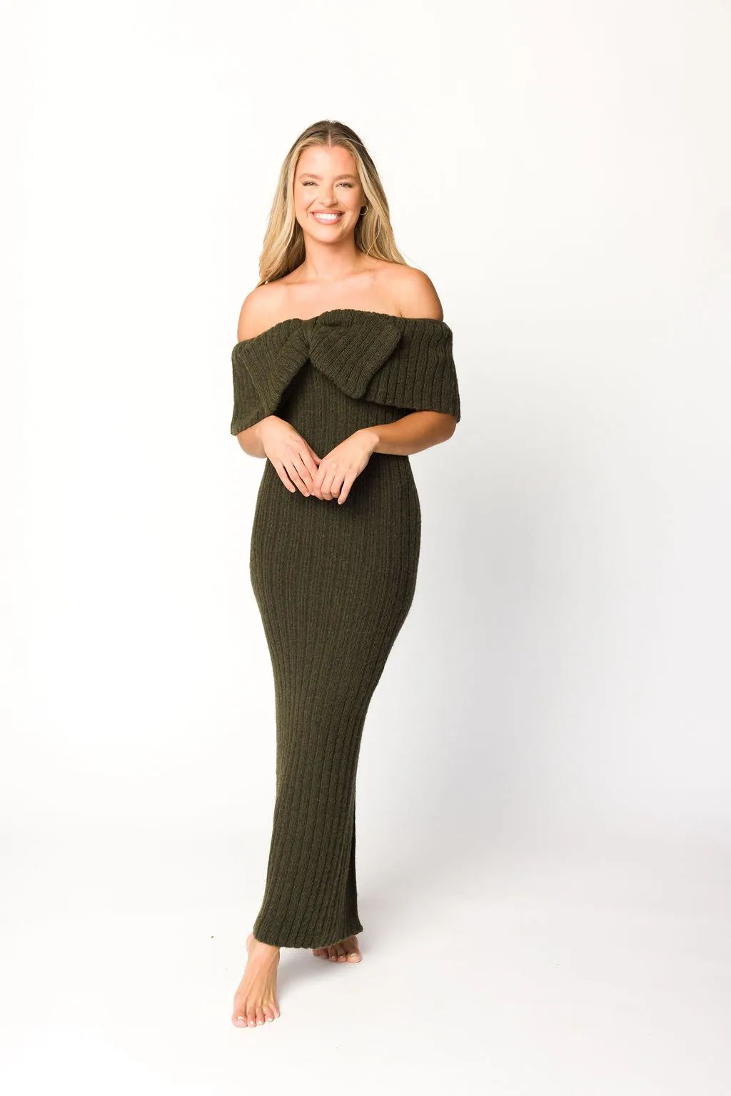 Aston Bow Front Maxi Sweater Dress in Dark Green - Bump Friendly sold by Worth Collective