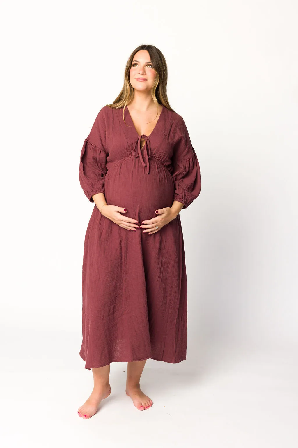Hunter 100% Cotton Gauze Midi Dress in Redwood (Plum) Bump Friendly sold by Worth Collective product image thumbnail 4