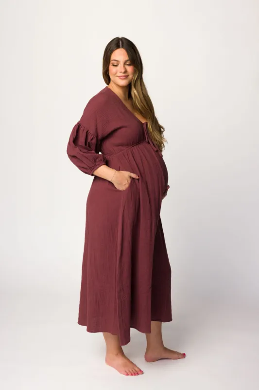 Hunter 100% Cotton Gauze Midi Dress in Redwood (Plum) Bump Friendly sold by Worth Collective