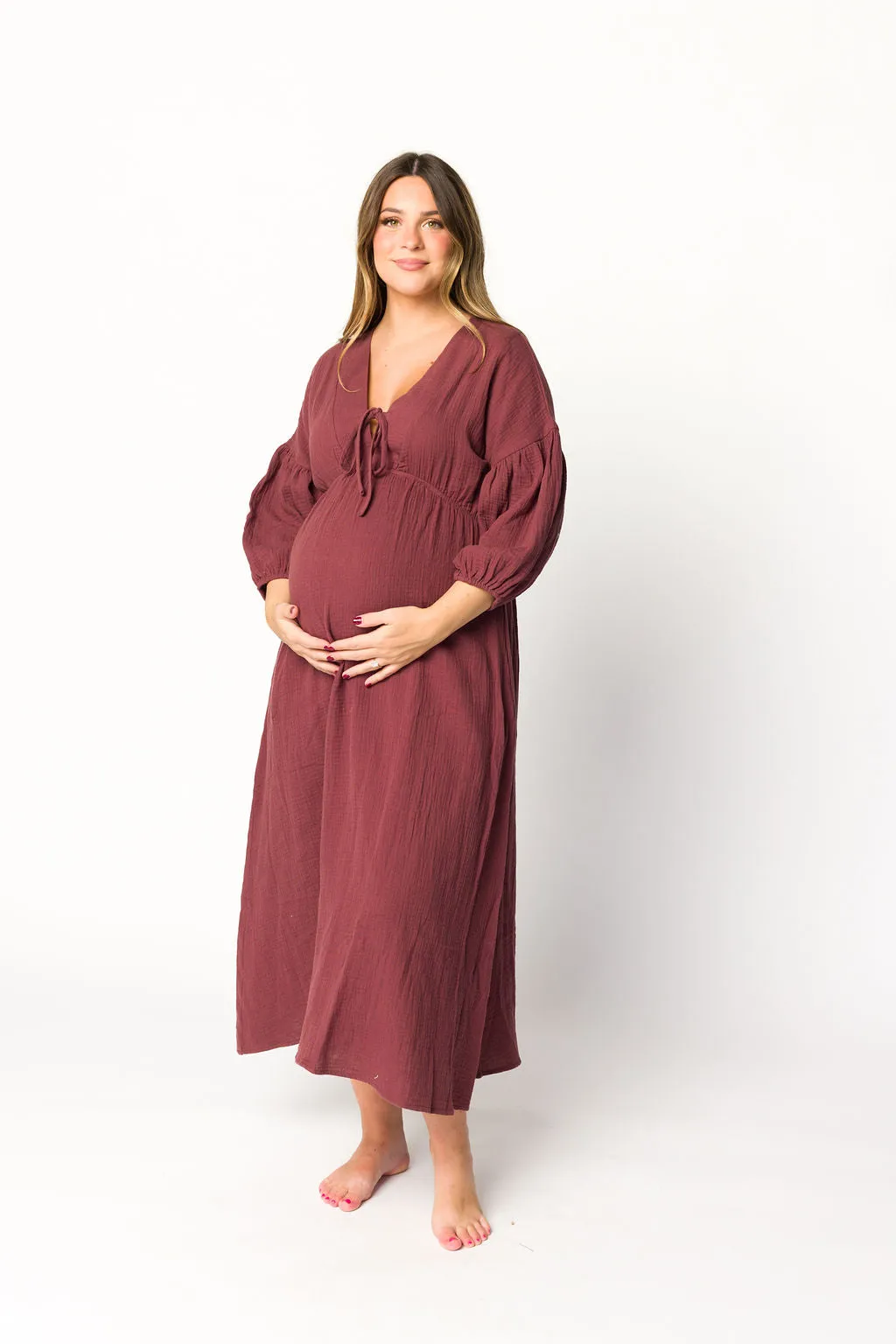 Hunter 100% Cotton Gauze Midi Dress in Redwood (Plum) Bump Friendly sold by Worth Collective product image thumbnail 3