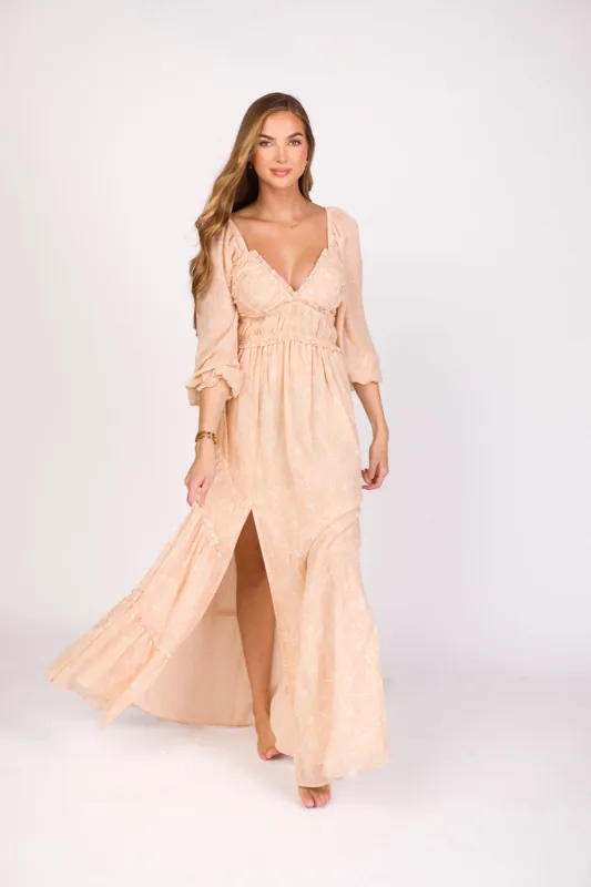 Daphne Long Sleeve Maxi Dress in Light Beige/White Floral - Bump Friendly & Inclusive Sizing (XS-3XL) sold by Worth Collective