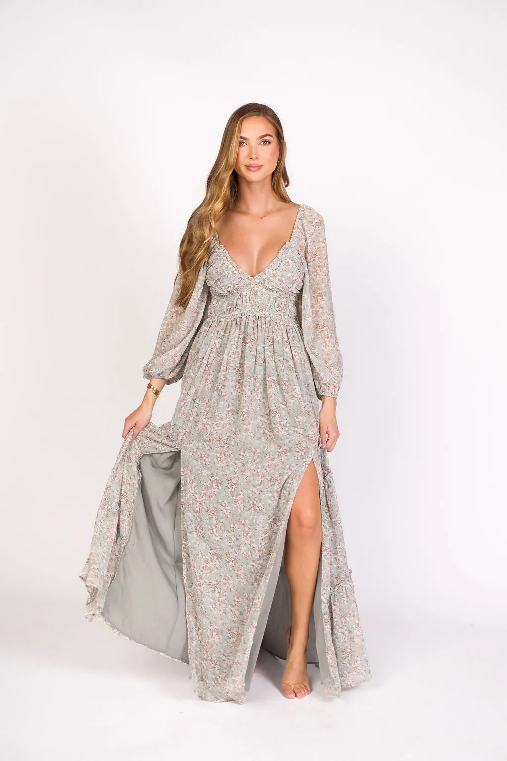 Daphne Long Sleeve Maxi Dress in Sage/Pink/Ivory Floral - Bump Friendly & Inclusive Sizing (XS-3XL) sold by Worth Collective product image thumbnail 2