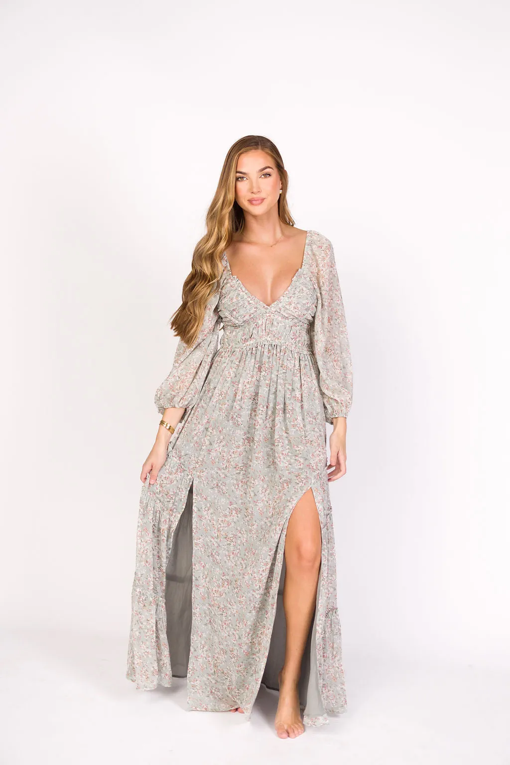 Daphne Long Sleeve Maxi Dress in Sage/Pink/Ivory Floral - Bump Friendly & Inclusive Sizing (XS-3XL) sold by Worth Collective