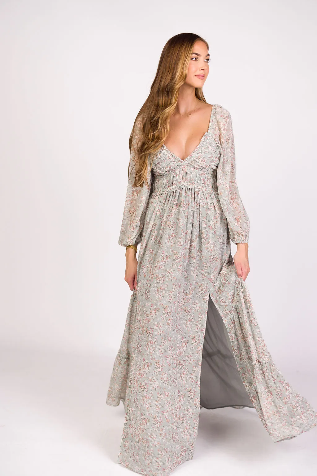 Daphne Long Sleeve Maxi Dress in Sage/Pink/Ivory Floral - Bump Friendly & Inclusive Sizing (XS-3XL) sold by Worth Collective product image thumbnail 3