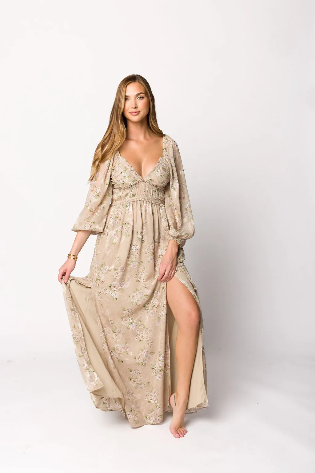Daphne Long Sleeve Maxi Dress in Beige/Multi Floral - Bump Friendly & Inclusive Sizing (XS-3XL) sold by Worth Collective product image thumbnail 4