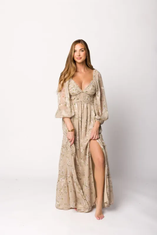 Daphne Long Sleeve Maxi Dress in Beige/Multi Floral - Bump Friendly & Inclusive Sizing (XS-3XL) sold by Worth Collective