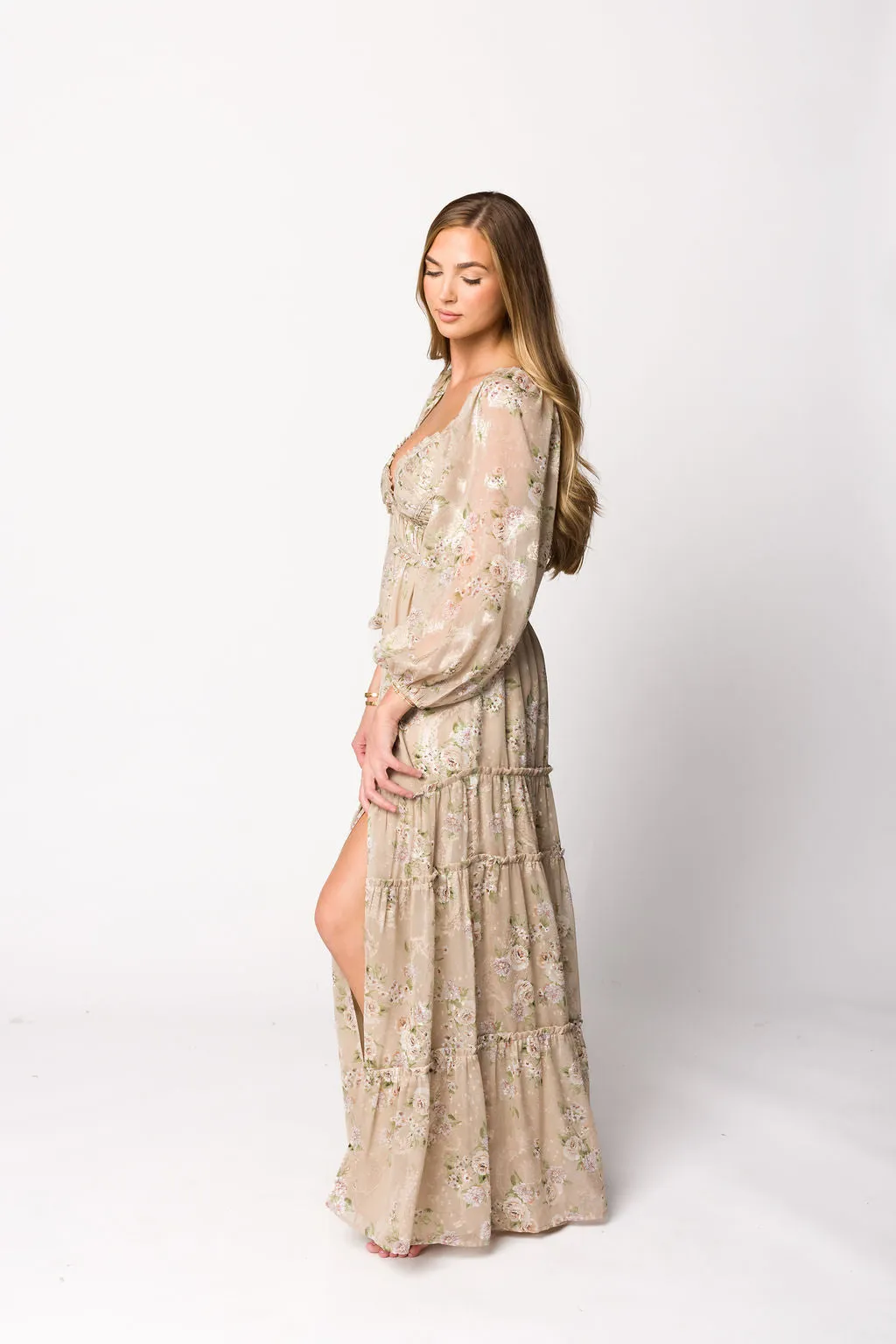 Daphne Long Sleeve Maxi Dress in Beige/Multi Floral - Bump Friendly & Inclusive Sizing (XS-3XL) sold by Worth Collective product image thumbnail 5