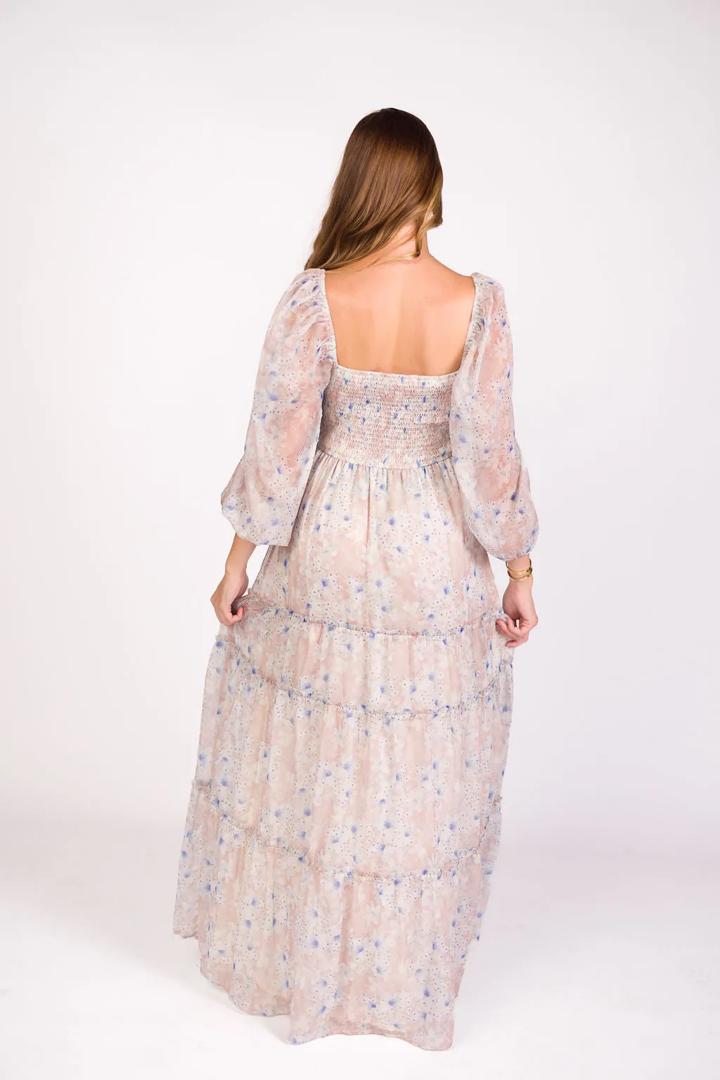 Daphne Long Sleeve Maxi Dress in Beige/Blue Floral - Bump Friendly & Inclusive Sizing (XS-3XL) sold by Worth Collective product image thumbnail 4