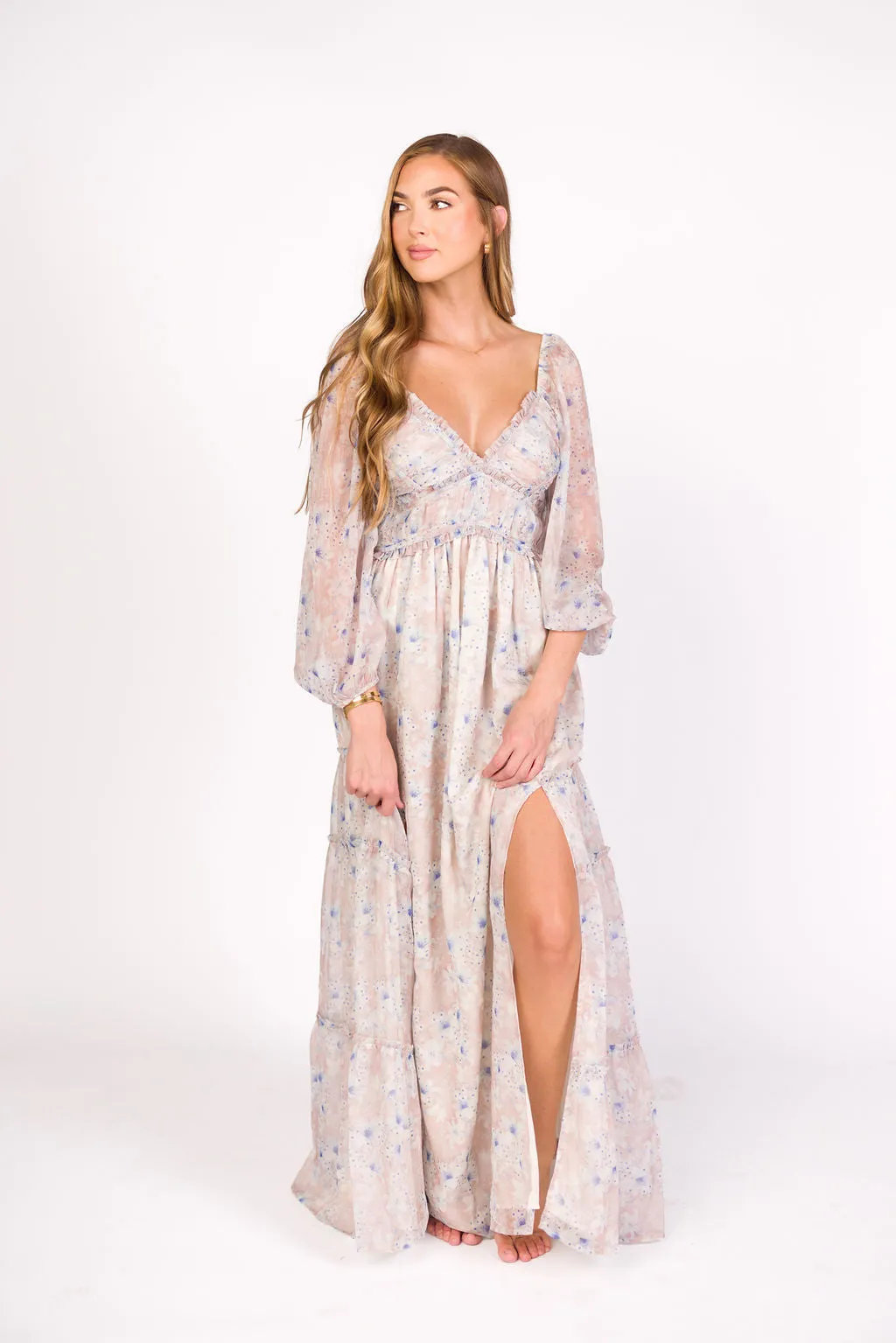 Daphne Long Sleeve Maxi Dress in Beige/Blue Floral - Bump Friendly & Inclusive Sizing (XS-3XL) sold by Worth Collective
