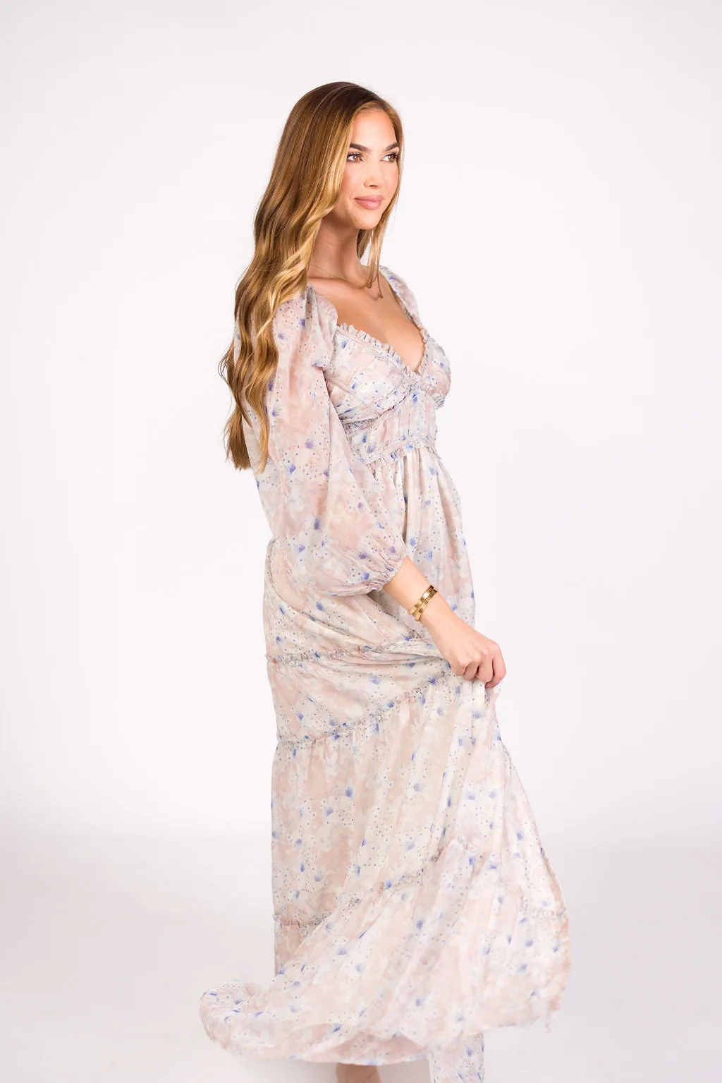 Daphne Long Sleeve Maxi Dress in Beige/Blue Floral - Bump Friendly & Inclusive Sizing (XS-3XL) sold by Worth Collective product image thumbnail 5