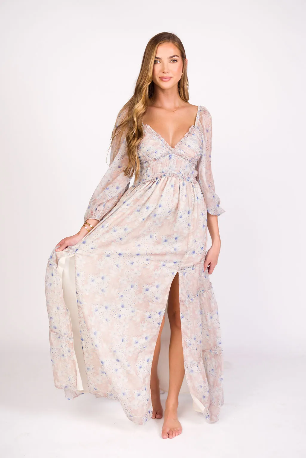 Daphne Long Sleeve Maxi Dress in Beige/Blue Floral - Bump Friendly & Inclusive Sizing (XS-3XL) sold by Worth Collective product image thumbnail 2