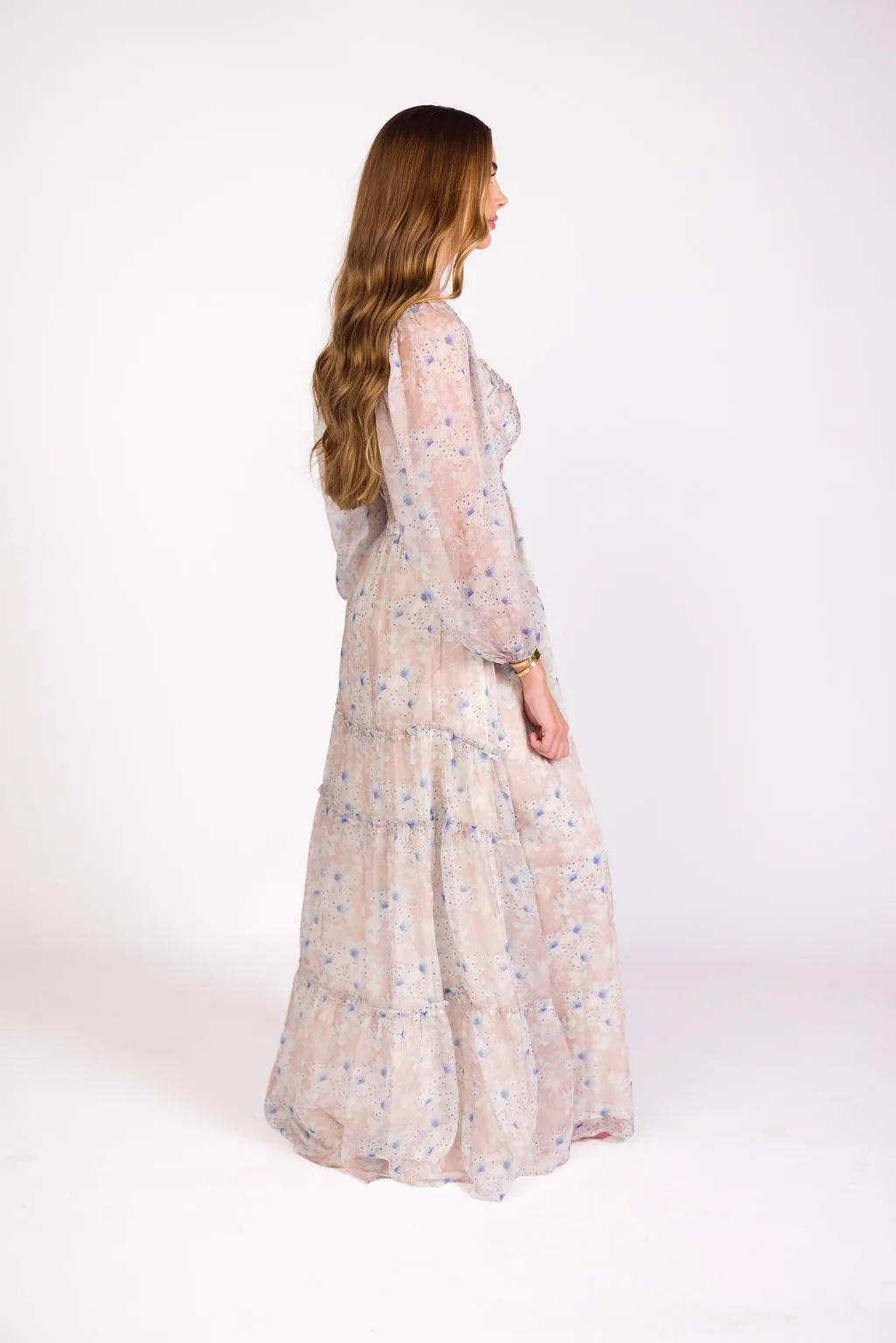 Daphne Long Sleeve Maxi Dress in Beige/Blue Floral - Bump Friendly & Inclusive Sizing (XS-3XL) sold by Worth Collective product image thumbnail 3