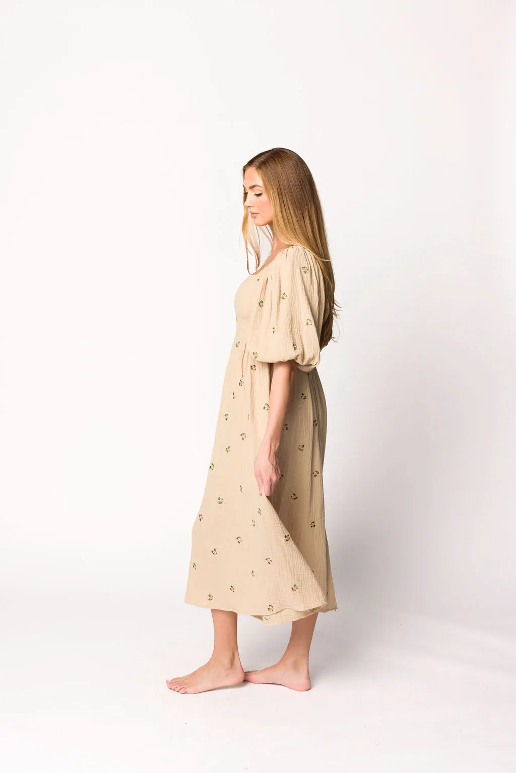Natalie Embroidered Floral Midi Dress in Taupe sold by Worth Collective product image thumbnail 4