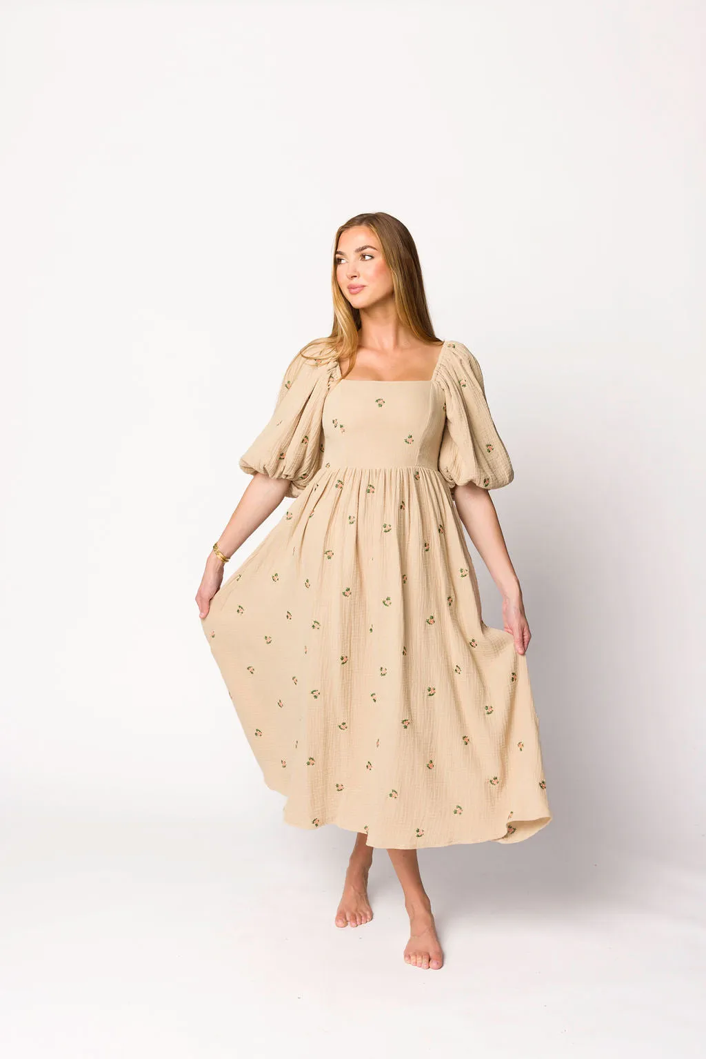 Natalie Embroidered Floral Midi Dress in Taupe sold by Worth Collective product image thumbnail 3