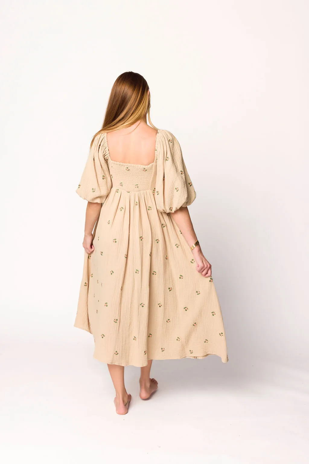 Natalie Embroidered Floral Midi Dress in Taupe sold by Worth Collective product image thumbnail 5